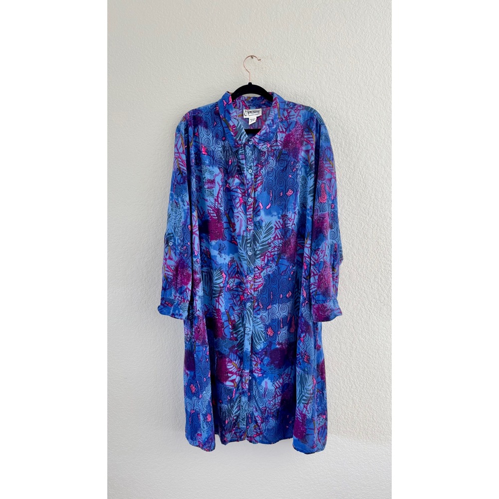 Expressions Vintage Dress Women L Blue Pink Batik Rayon Button Front Midi